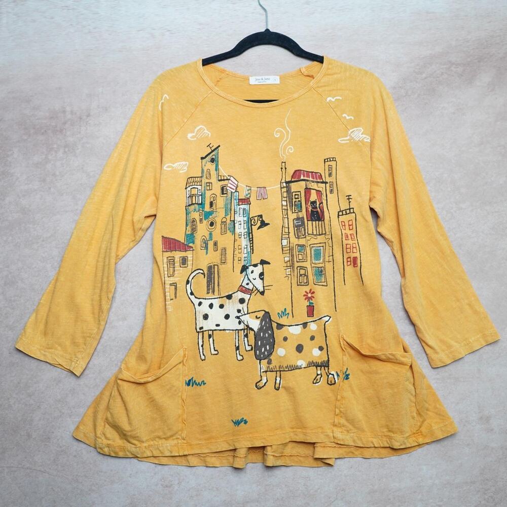 Jess & Jane Dog Print Tunic Top Mustard L
